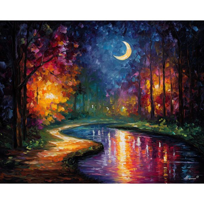 moonlit river,night landscape,oil painting,afremov style