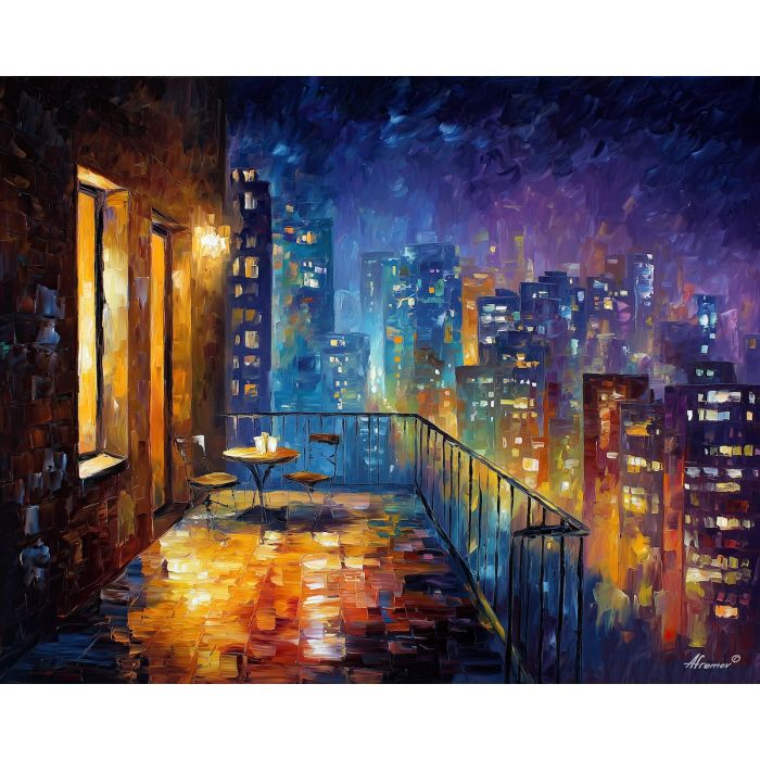 night balcony,city glow,oil painting,afremov style
