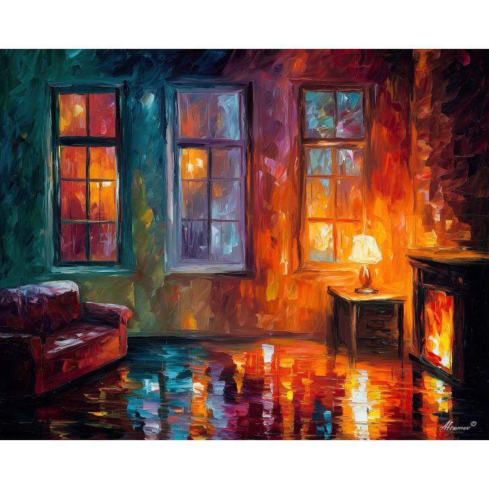 rainy evening,warm interior,oil painting