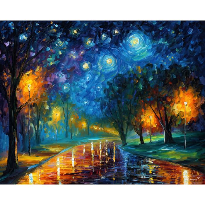 night road,starry sky,oil painting,afremov style