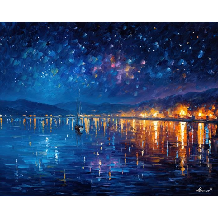 night lake,star reflections,calm water,oil painting