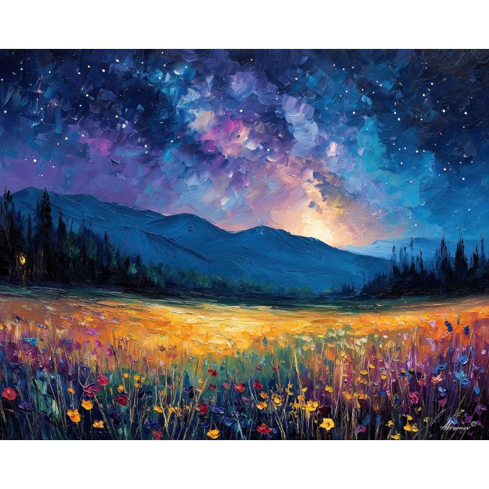 night meadow,starry sky,oil painting