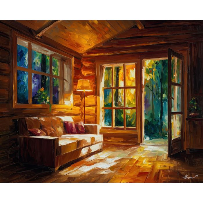 wood interior,warm glow,oil painting