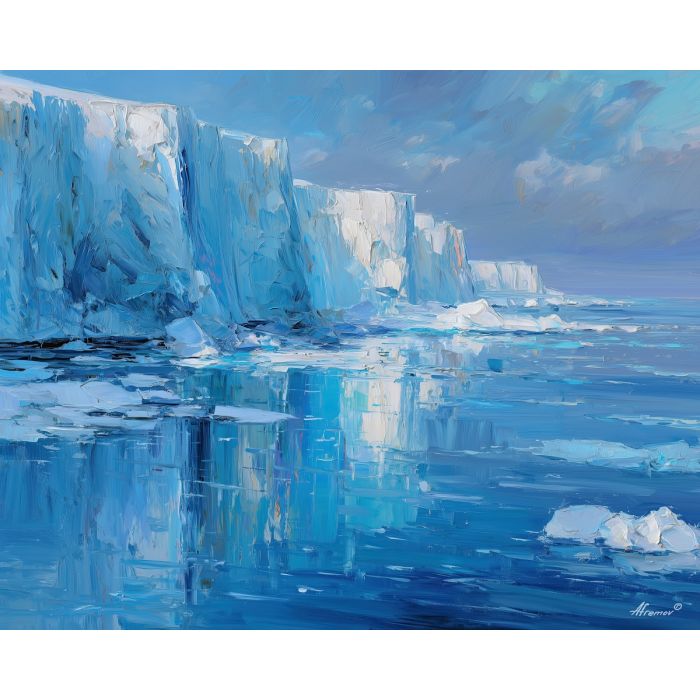 arctic, north, greenland landscape, arctic scenery, polar environment, ice formations, glacier view, palette knife, oil painting, impasto, thick paint, textured surface, cold atmosphere, northern light, remote wilderness, painterly landscape, material depth