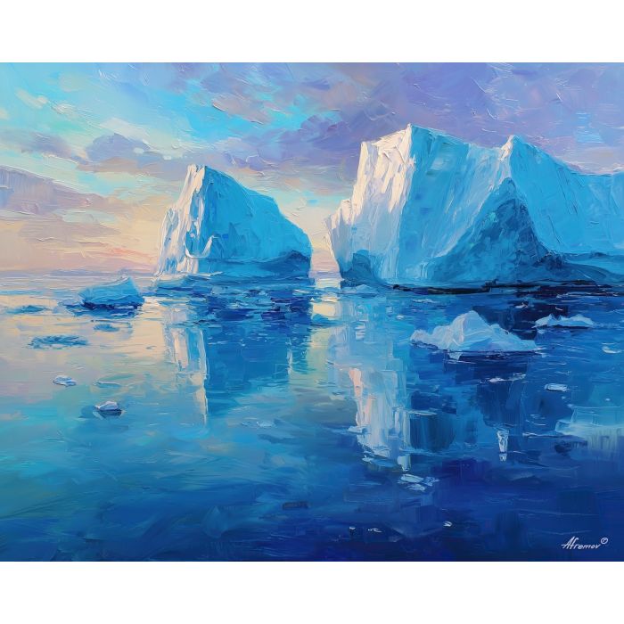 blue, frozen, fjord, greenland landscape, arctic scenery, polar environment, ice formations, glacier view, palette knife, oil painting, impasto, thick paint, textured surface, cold atmosphere, northern light, remote wilderness, painterly landscape, material depth