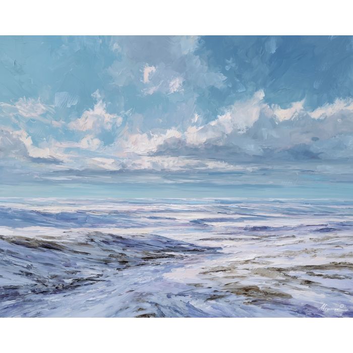 cold, distance, greenland landscape, arctic scenery, polar environment, ice formations, glacier view, palette knife, oil painting, impasto, thick paint, textured surface, cold atmosphere, northern light, remote wilderness, painterly landscape, material depth