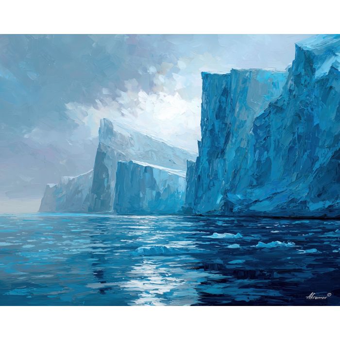 endless, coast, greenland landscape, arctic scenery, polar environment, ice formations, glacier view, palette knife, oil painting, impasto, thick paint, textured surface, cold atmosphere, northern light, remote wilderness, painterly landscape, material depth