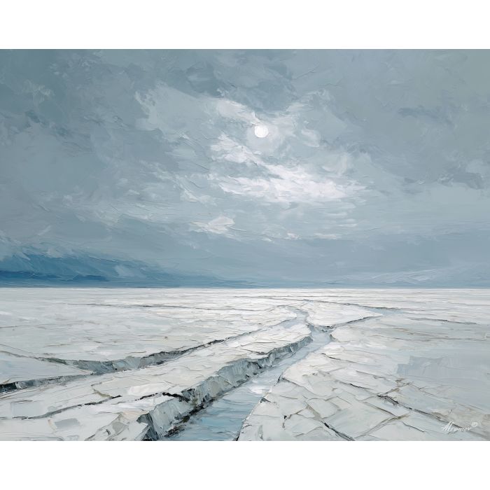 frozen, lonely, expanse, greenland landscape, arctic scenery, polar environment, ice formations, glacier view, palette knife, oil painting, impasto, thick paint, textured surface, cold atmosphere, northern light, remote wilderness, painterly landscape, material depth