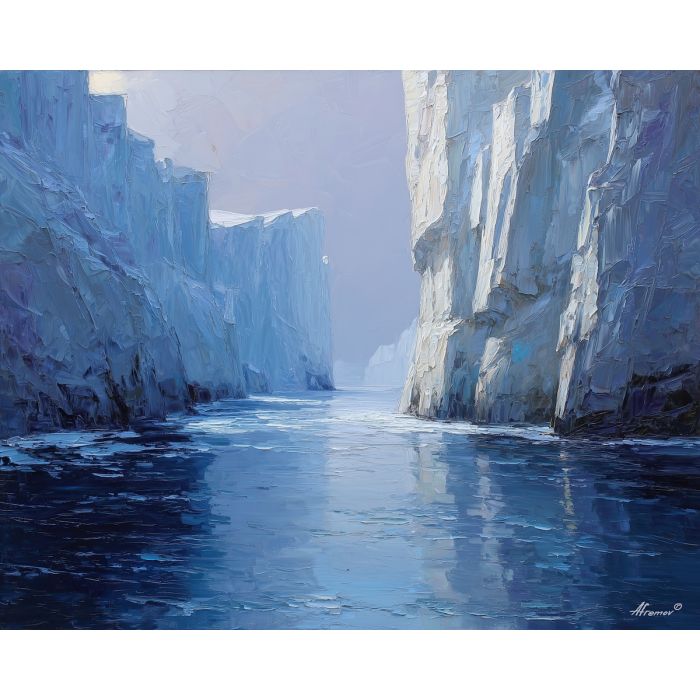 glacial, distance, greenland landscape, arctic scenery, polar environment, ice formations, glacier view, palette knife, oil painting, impasto, thick paint, textured surface, cold atmosphere, northern light, remote wilderness, painterly landscape, material depth