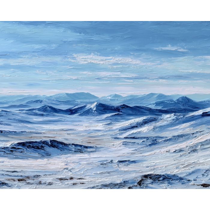 isolated, depth, greenland landscape, arctic scenery, polar environment, ice formations, glacier view, palette knife, oil painting, impasto, thick paint, textured surface, cold atmosphere, northern light, remote wilderness, painterly landscape, material depth