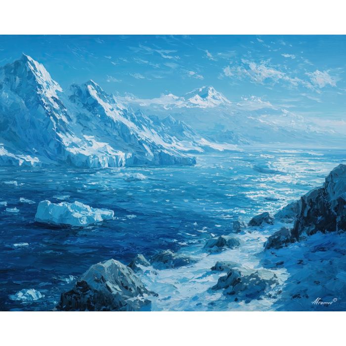 open, valley, greenland landscape, arctic scenery, polar environment, ice formations, glacier view, palette knife, oil painting, impasto, thick paint, textured surface, cold atmosphere, northern light, remote wilderness, painterly landscape, material depth