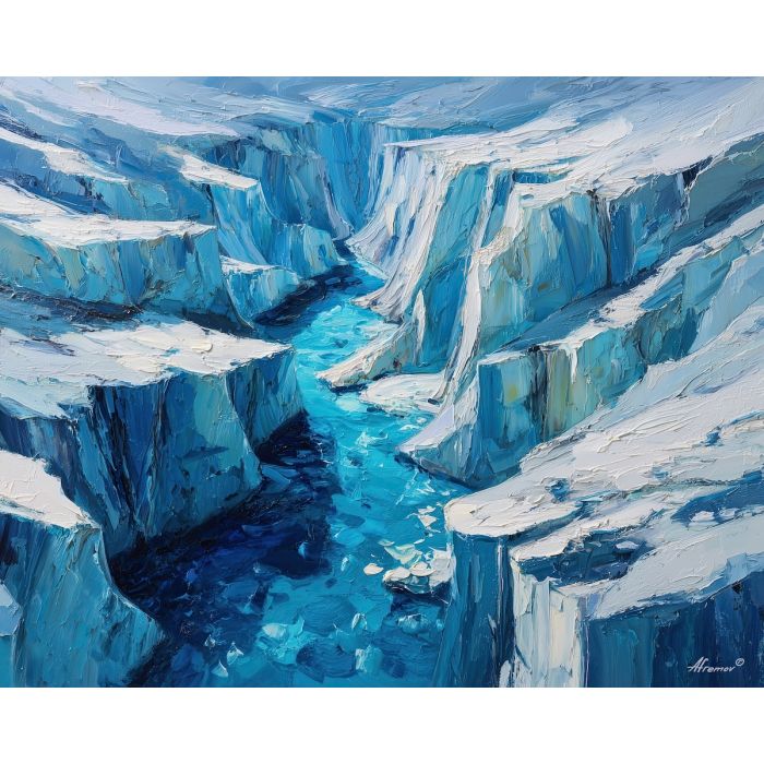 pale, expanse, greenland landscape, arctic scenery, polar environment, ice formations, glacier view, palette knife, oil painting, impasto, thick paint, textured surface, cold atmosphere, northern light, remote wilderness, painterly landscape, material depth