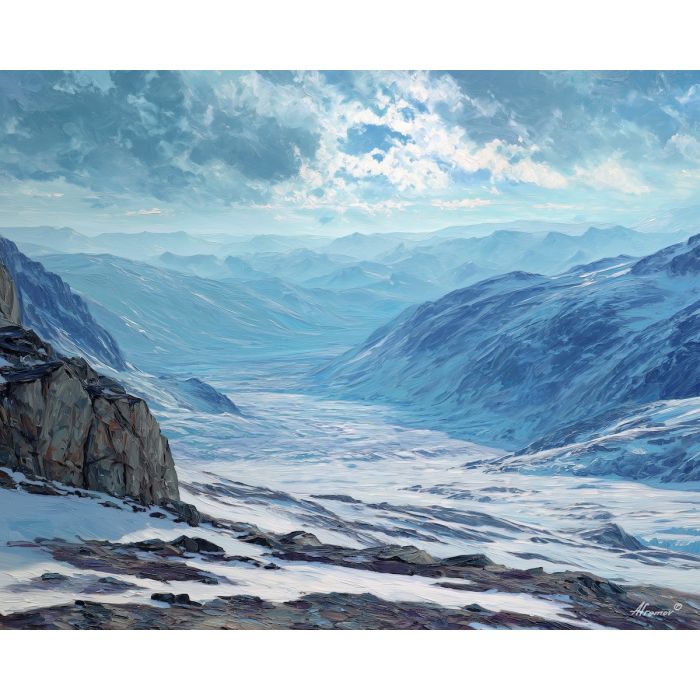 silent, glacier, greenland landscape, arctic scenery, polar environment, ice formations, glacier view, palette knife, oil painting, impasto, thick paint, textured surface, cold atmosphere, northern light, remote wilderness, painterly landscape, material depth