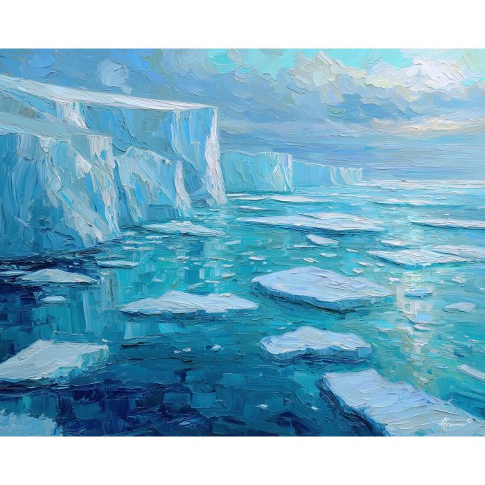white, pale, depth, greenland landscape, arctic scenery, polar environment, ice formations, glacier view, palette knife, oil painting, impasto, thick paint, textured surface, cold atmosphere, northern light, remote wilderness, painterly landscape, material depth