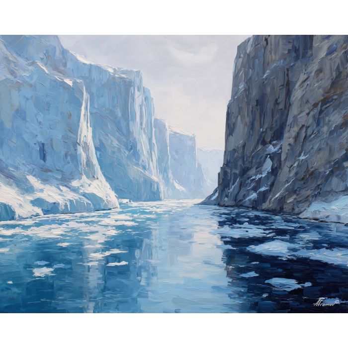 windworn, ice, greenland landscape, arctic scenery, polar environment, ice formations, glacier view, palette knife, oil painting, impasto, thick paint, textured surface, cold atmosphere, northern light, remote wilderness, painterly landscape, material depth