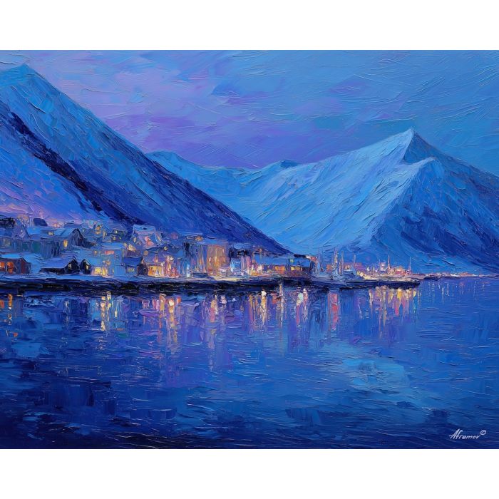 arctic, reindeer, greenland town, colorful houses, arctic village, greenland animals, sled dogs, coastal settlement, palette knife, oil painting, impasto, thick paint, textured surface, northern life, remote community, arctic color