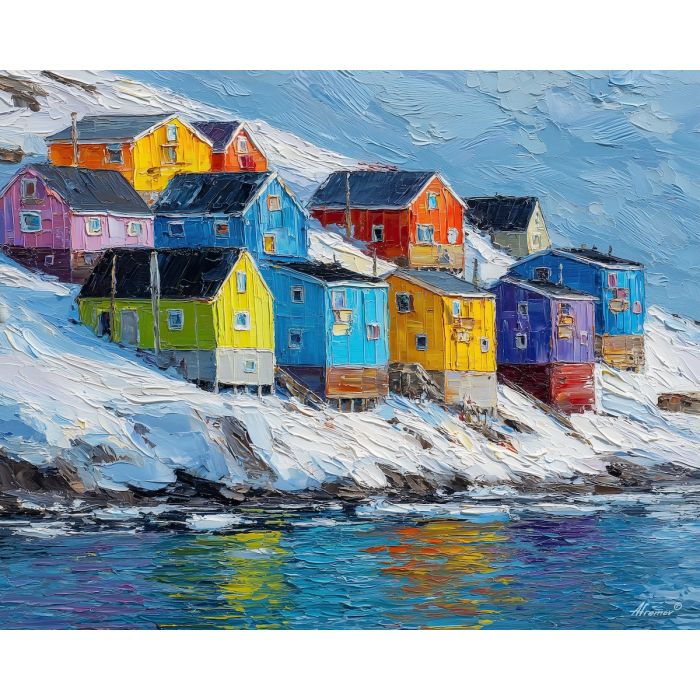 arctic, village, greenland town, colorful houses, arctic village, greenland animals, sled dogs, reindeer, coastal settlement, palette knife, oil painting, impasto, thick paint, textured surface, northern life, remote community, arctic color