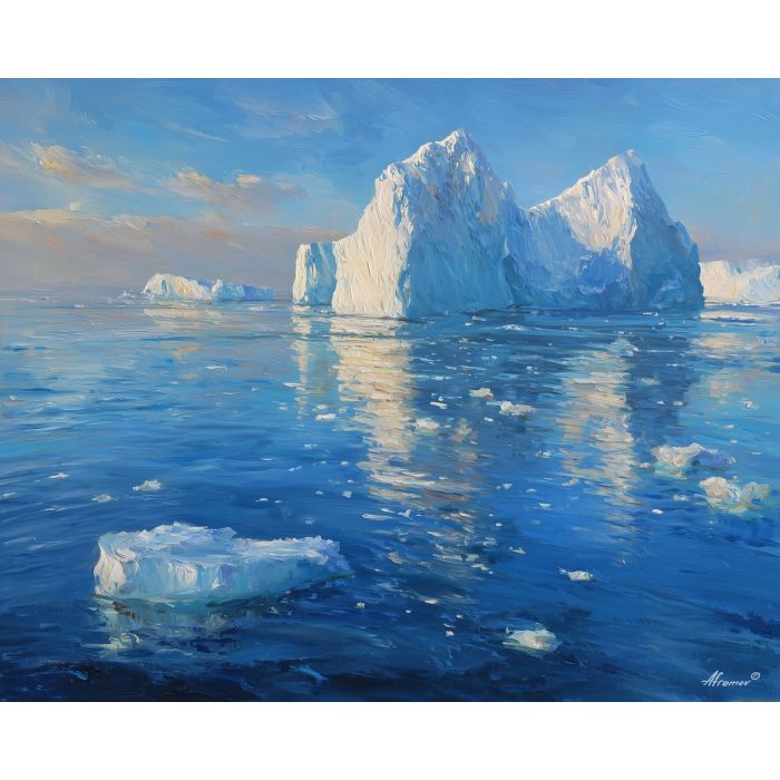 bare, still, ice, greenland landscape, arctic scenery, polar environment, ice formations, glacier view, palette knife, oil painting, impasto, thick paint, textured surface, cold atmosphere, northern light, remote wilderness, painterly landscape, material depth