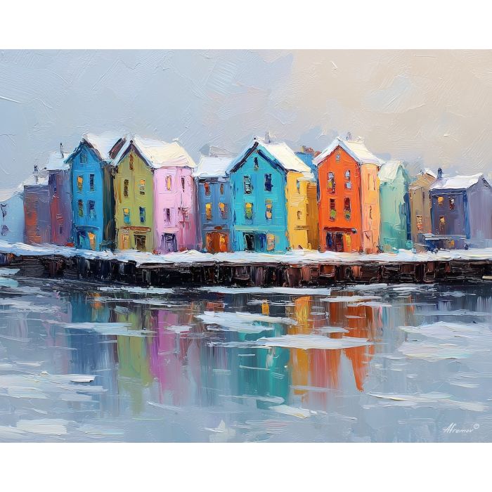 harbor, port, greenland town, colorful houses, arctic village, greenland animals, sled dogs, reindeer, coastal settlement, palette knife, oil painting, impasto, thick paint, textured surface, northern life, remote community, arctic color