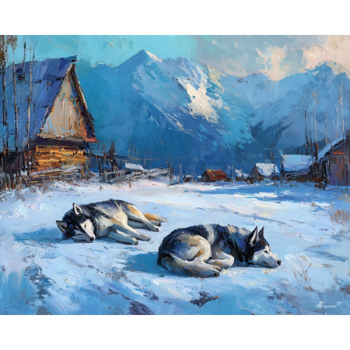 hillside, hills, greenland town, colorful houses, arctic village, greenland animals, sled dogs, reindeer, coastal settlement, palette knife, oil painting, impasto, thick paint, textured surface, northern life, remote community, arctic color