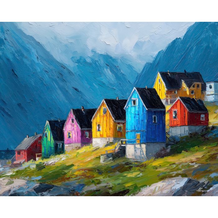 living, homes, greenland town, colorful houses, arctic village, greenland animals, sled dogs, reindeer, coastal settlement, palette knife, oil painting, impasto, thick paint, textured surface, northern life, remote community, arctic color
