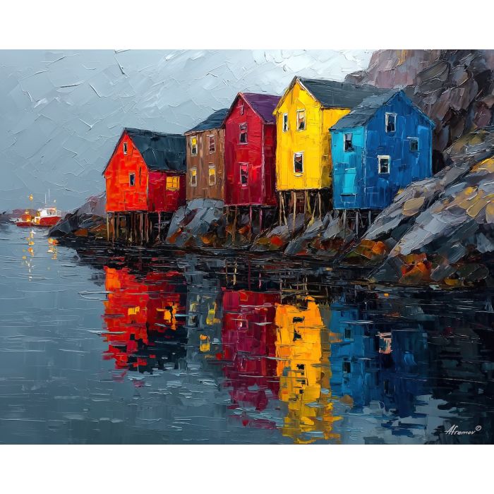 northern, bay, greenland town, colorful houses, arctic village, greenland animals, sled dogs, reindeer, coastal settlement, palette knife, oil painting, impasto, thick paint, textured surface, northern life, remote community, arctic color