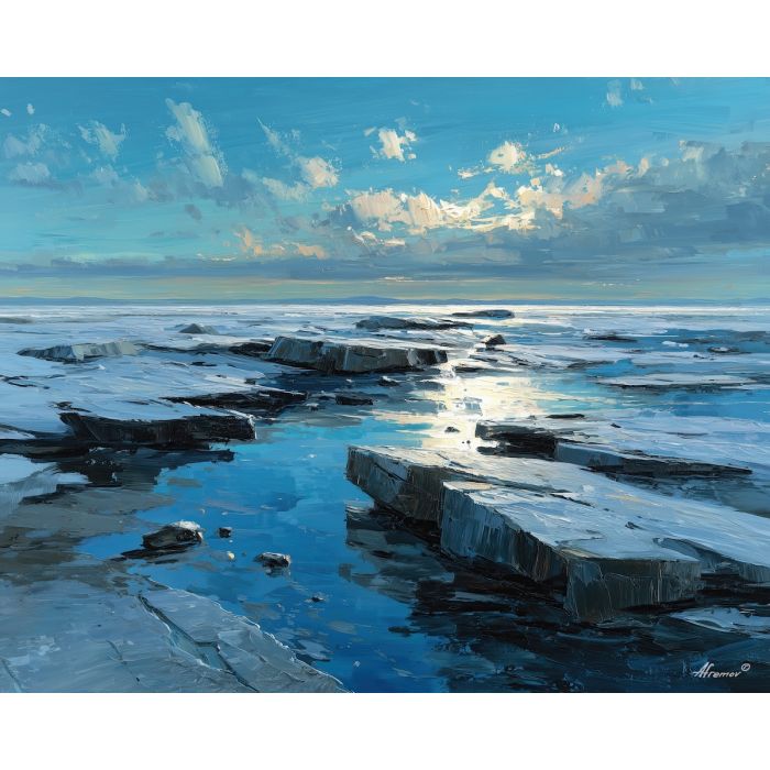 open, north, greenland landscape, arctic scenery, polar environment, ice formations, glacier view, palette knife, oil painting, impasto, thick paint, textured surface, cold atmosphere, northern light, remote wilderness, painterly landscape, material depth