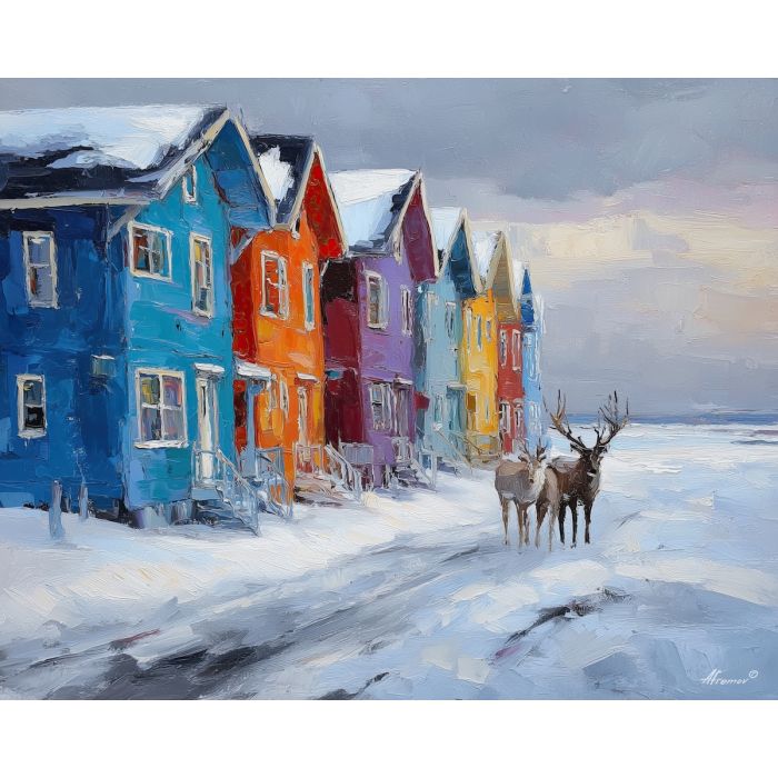 quiet, living, reindeer, greenland town, colorful houses, arctic village, greenland animals, sled dogs, coastal settlement, palette knife, oil painting, impasto, thick paint, textured surface, northern life, remote community, arctic color