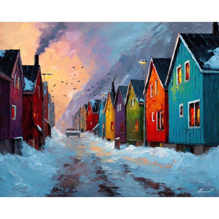 greenland, evening, local, life, greenland daily life, kalaallit nunaat, arctic community, greenland village, sled dogs, fishing life, coastal settlement, palette knife, oil painting, impasto, thick paint, textured surface, northern life, remote living, arctic culture