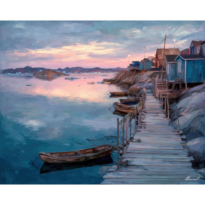 greenland, everyday, moments, greenland daily life, kalaallit nunaat, arctic community, greenland village, sled dogs, fishing life, coastal settlement, palette knife, oil painting, impasto, thick paint, textured surface, northern life, remote living, arctic culture