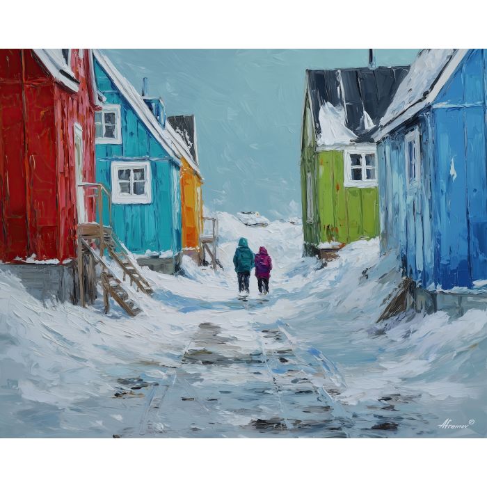 greenland, silent, houses, greenland daily life, kalaallit nunaat, arctic community, greenland village, sled dogs, fishing life, coastal settlement, palette knife, oil painting, impasto, thick paint, textured surface, northern life, remote living, arctic culture