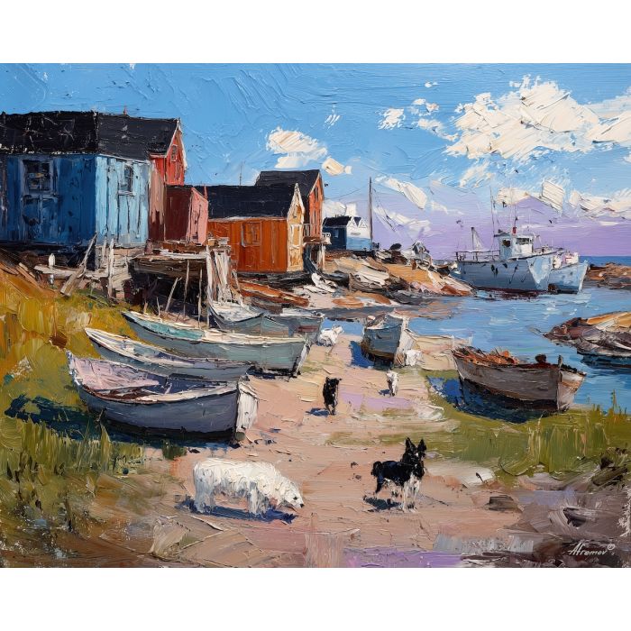 greenland, soft, street, greenland daily life, kalaallit nunaat, arctic community, greenland village, sled dogs, fishing life, coastal settlement, palette knife, oil painting, impasto, thick paint, textured surface, northern life, remote living, arctic culture