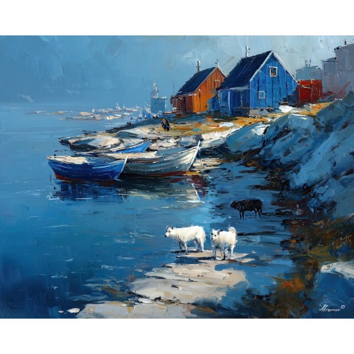greenland, still, coast, greenland daily life, kalaallit nunaat, arctic community, greenland village, sled dogs, fishing life, coastal settlement, palette knife, oil painting, impasto, thick paint, textured surface, northern life, remote living, arctic culture