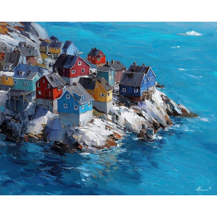 greenland, windy, soft, shore, greenland daily life, kalaallit nunaat, arctic community, greenland village, sled dogs, fishing life, coastal settlement, palette knife, oil painting, impasto, thick paint, textured surface, northern life, remote living, arctic culture