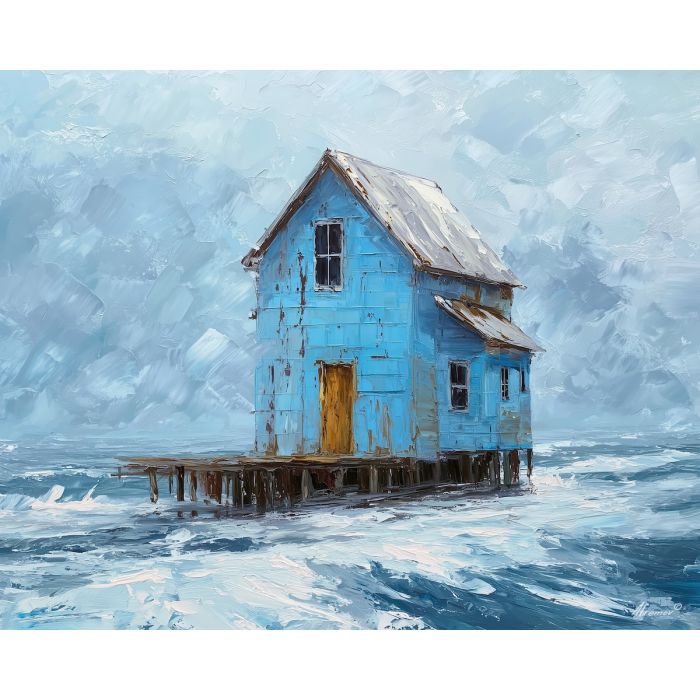 cold, current, northern seascape, cold sea, arctic ocean, house, coastal water, palette knife, oil painting, impasto, thick paint, textured surface, marine scene, cold atmosphere, painterly seascape, material depth, northern light
