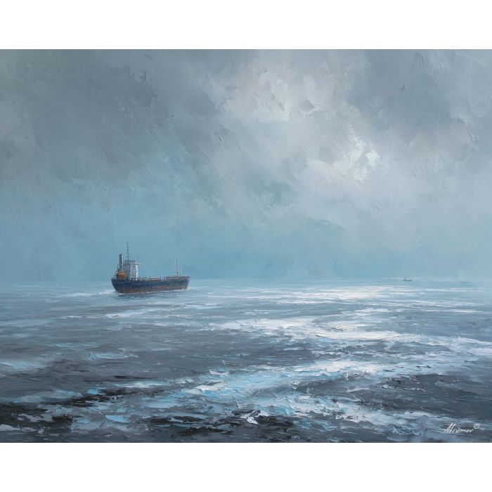 distant, crossing, northern seascape, cold sea, arctic ocean, cargo ship, coastal water, palette knife, oil painting, impasto, thick paint, textured surface, marine scene, cold atmosphere, painterly seascape, material depth, northern light