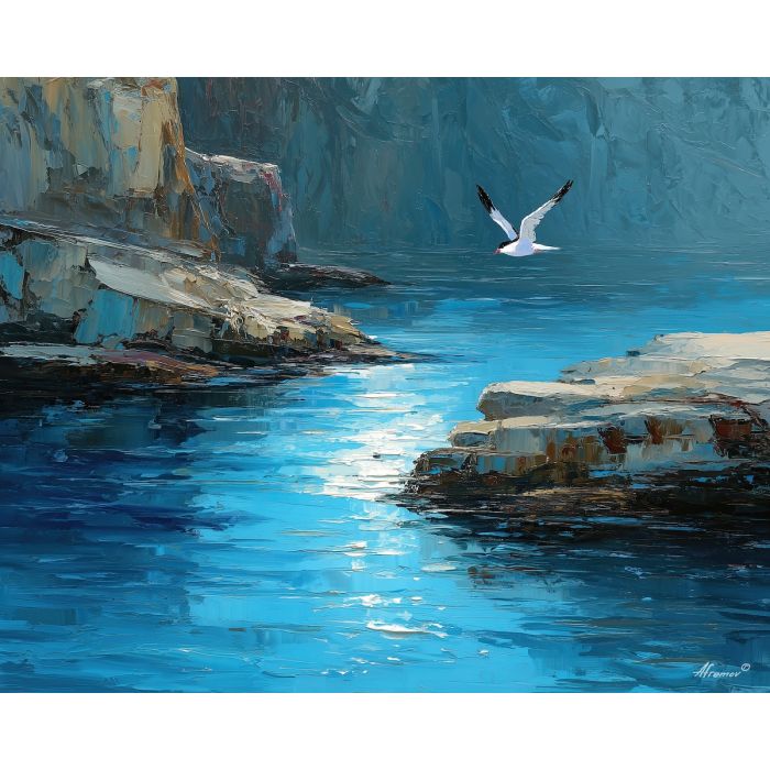 gray, crossing, northern seascape, cold sea, arctic ocean, seabird, coastal water, palette knife, oil painting, impasto, thick paint, textured surface, marine scene, cold atmosphere, painterly seascape, material depth, northern light