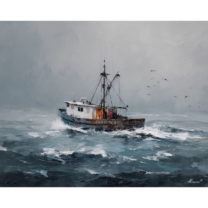 gray, reach, northern seascape, cold sea, arctic ocean, trawler, coastal water, palette knife, oil painting, impasto, thick paint, textured surface, marine scene, cold atmosphere, painterly seascape, material depth, northern light