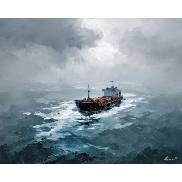 gray, waves, northern seascape, cold sea, arctic ocean, cargo ship, coastal water, palette knife, oil painting, impasto, thick paint, textured surface, marine scene, cold atmosphere, painterly seascape, material depth, northern light
