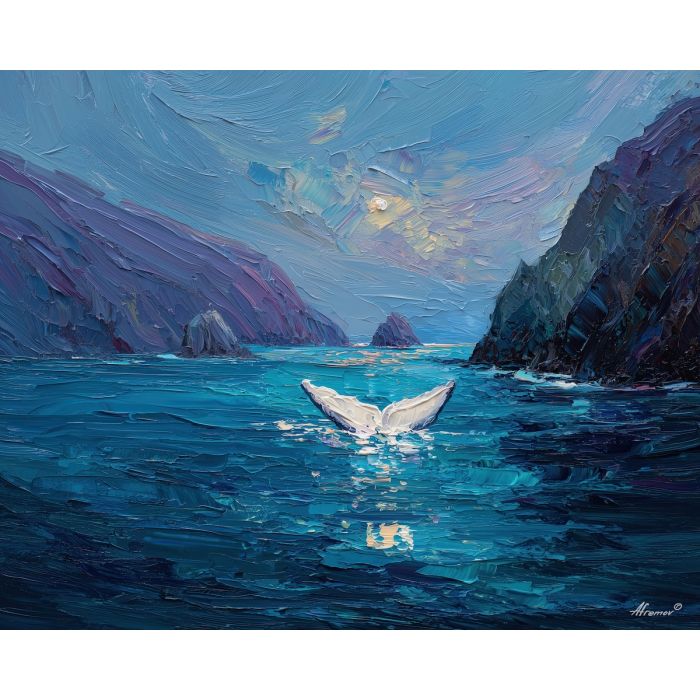 heavy, bay, northern seascape, cold sea, arctic ocean, whale, coastal water, palette knife, oil painting, impasto, thick paint, textured surface, marine scene, cold atmosphere, painterly seascape, material depth, northern light