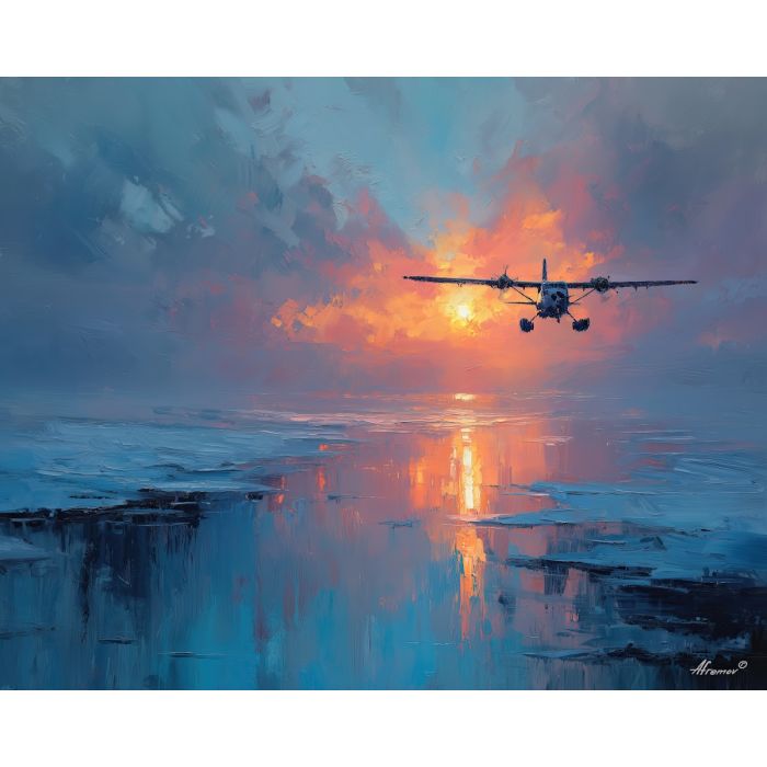 heavy, coast, northern seascape, cold sea, arctic ocean, plane, coastal water, palette knife, oil painting, impasto, thick paint, textured surface, marine scene, cold atmosphere, painterly seascape, material depth, northern light