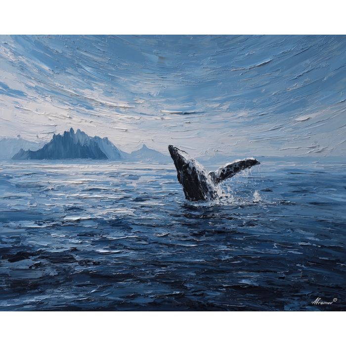 low, current, northern seascape, cold sea, arctic ocean, whale, coastal water, palette knife, oil painting, impasto, thick paint, textured surface, marine scene, cold atmosphere, painterly seascape, material depth, northern light