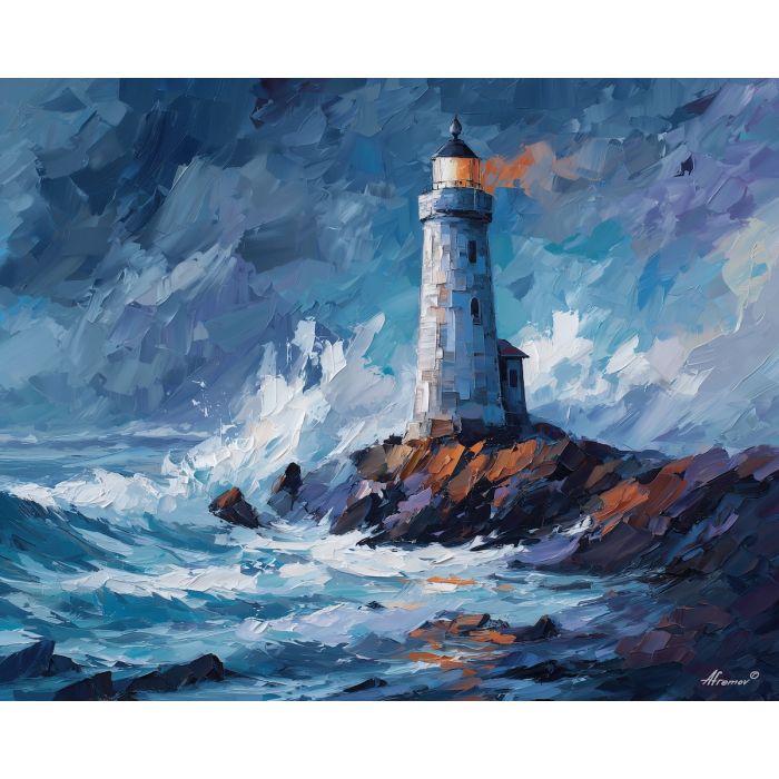 low, passage, northern seascape, cold sea, arctic ocean, lighthouse, coastal water, palette knife, oil painting, impasto, thick paint, textured surface, marine scene, cold atmosphere, painterly seascape, material depth, northern light