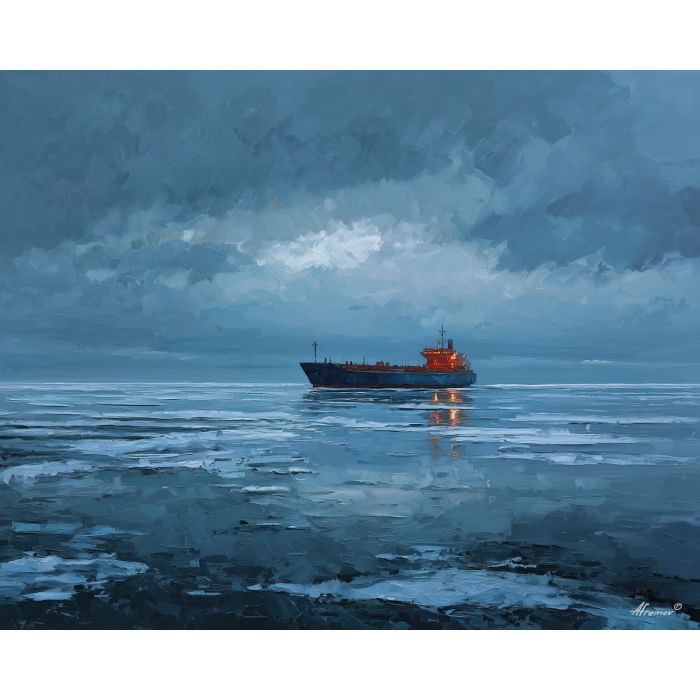 northern, current, northern seascape, cold sea, arctic ocean, cargo ship, coastal water, palette knife, oil painting, impasto, thick paint, textured surface, marine scene, cold atmosphere, painterly seascape, material depth, northern light