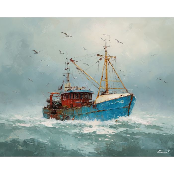 northern, edge, northern seascape, cold sea, arctic ocean, trawler, coastal water, palette knife, oil painting, impasto, thick paint, textured surface, marine scene, cold atmosphere, painterly seascape, material depth, northern light