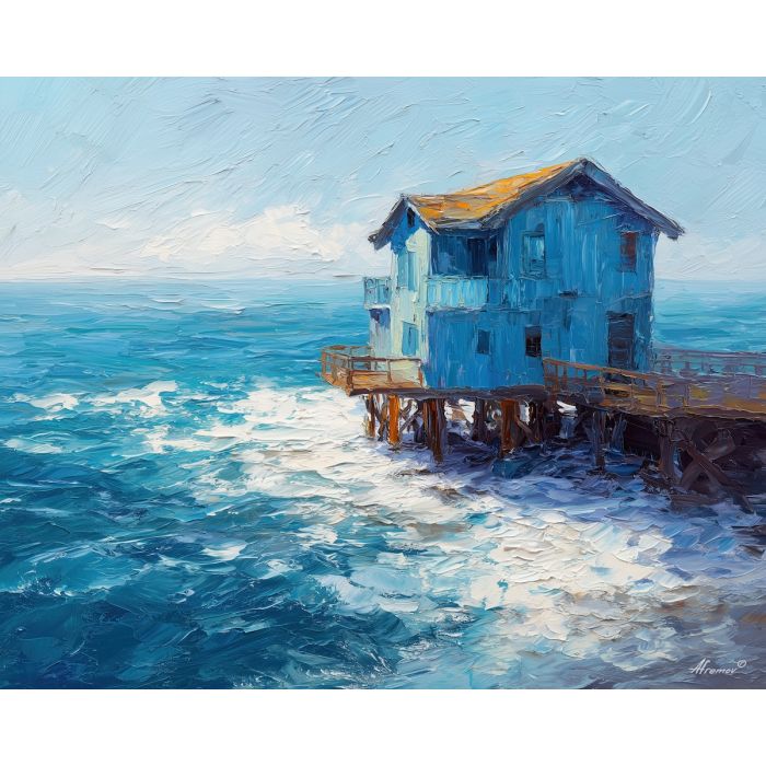 open, horizon, northern seascape, cold sea, arctic ocean, house, coastal water, palette knife, oil painting, impasto, thick paint, textured surface, marine scene, cold atmosphere, painterly seascape, material depth, northern light