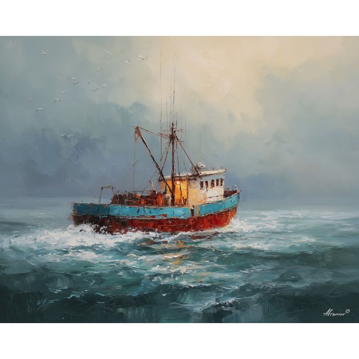 open, still, channel, northern seascape, cold sea, arctic ocean, trawler, coastal water, palette knife, oil painting, impasto, thick paint, textured surface, marine scene, cold atmosphere, painterly seascape, material depth, northern light