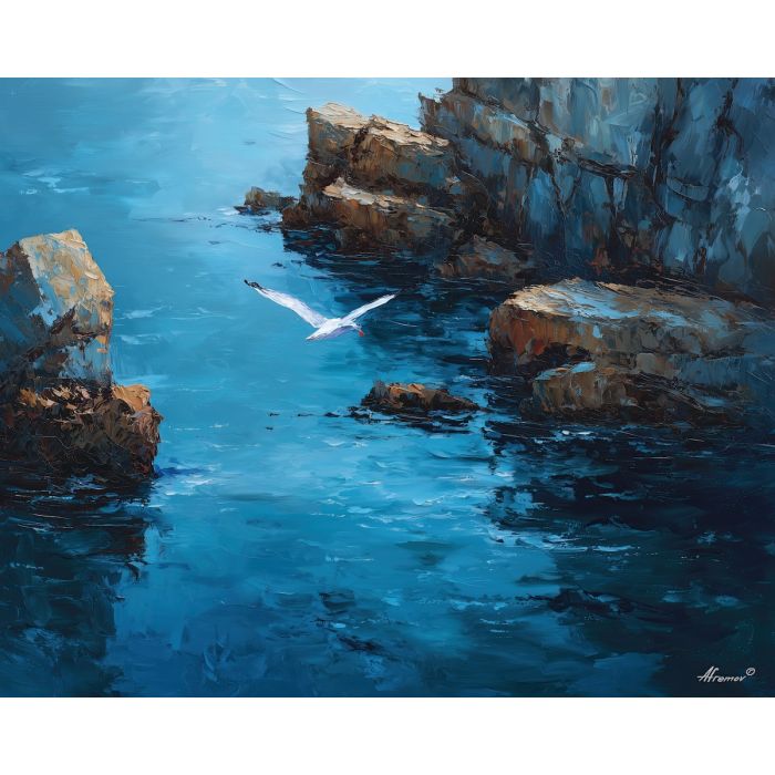 pale, stretch, northern seascape, cold sea, arctic ocean, seabird, coastal water, palette knife, oil painting, impasto, thick paint, textured surface, marine scene, cold atmosphere, painterly seascape, material depth, northern light