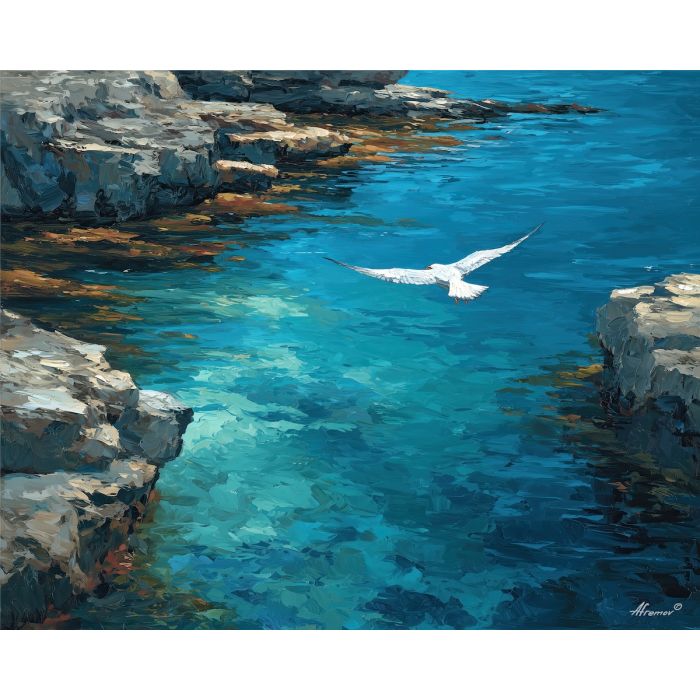 quiet, edge, northern seascape, cold sea, arctic ocean, seabird, coastal water, palette knife, oil painting, impasto, thick paint, textured surface, marine scene, cold atmosphere, painterly seascape, material depth, northern light