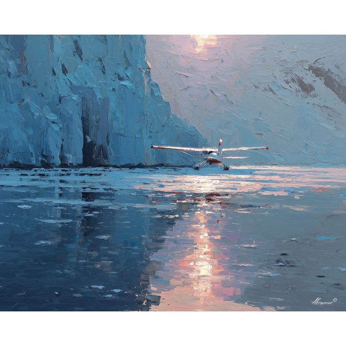 quiet, low, coast, northern seascape, cold sea, arctic ocean, plane, coastal water, palette knife, oil painting, impasto, thick paint, textured surface, marine scene, cold atmosphere, painterly seascape, material depth, northern light